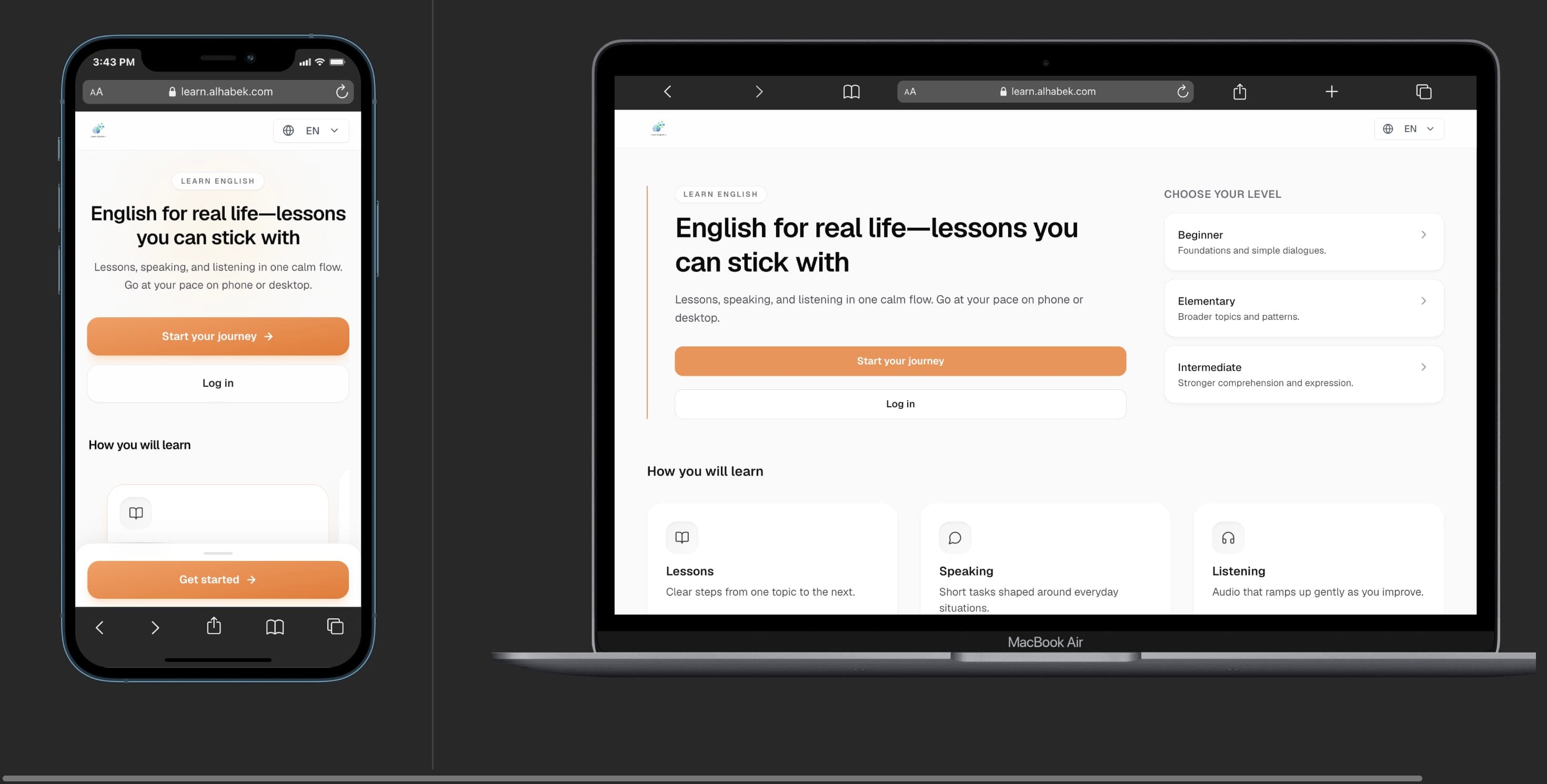 Alhabek Learn — speaking practice lesson interface